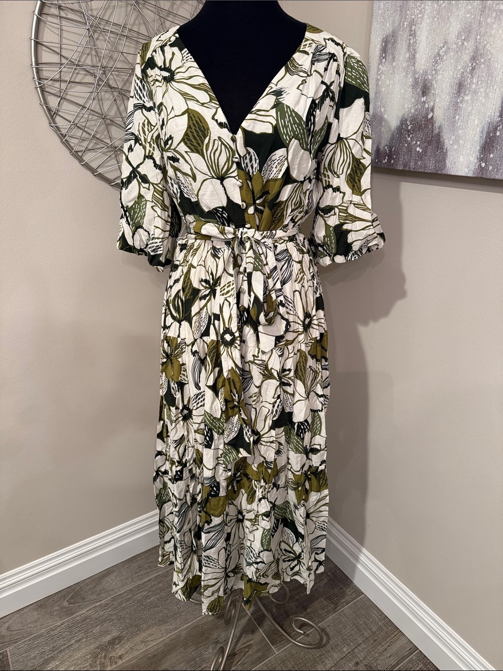 Dress Forum Floral Midi Dress in Olive & White - size Medium